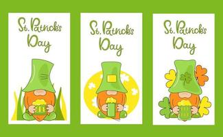St Patricks day concept. Gnomes with mug beer on vertical background. Holiday banners, web poster, flyers and brochures, greeting cards, group bright covers. vector