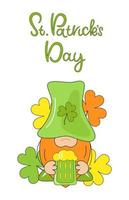 St. Patrick's day lettering with holiday gnome.  Leprechaun with mug beer on vertical background. Holiday banners, greeting cards, group bright covers. Cartoon Flat Vector Illustration
