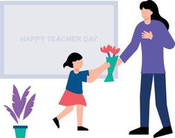 A child is giving flowers to a teacher on teacher's day. vector