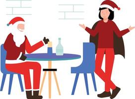 santa y la niña están sentadas a la mesa. vector