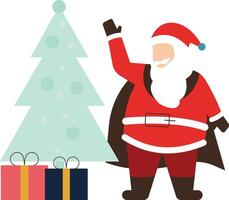 Santa is standing by the Christmas tree and presents. vector