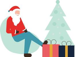 Santa is sitting in front of Christmas presents. vector