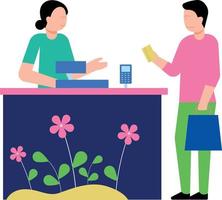 Boy paying by card at the counter. vector