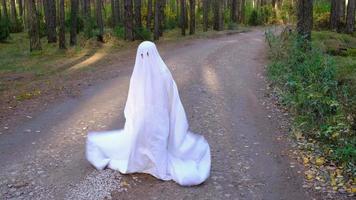 A child in sheets with cutout for eyes like a ghost costume dancing in an autumn forest scares and terrifies. A kind little funny ghost. Halloween Party, slow motion 4k video