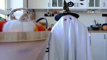 A child in sheets with cutout for eyes like a ghost costume in the kitchen decorated for the Halloween holiday. A kind little funny ghost. Halloween Party video