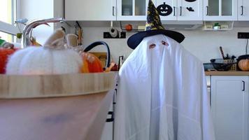 A child in sheets with cutout for eyes like a ghost costume in the kitchen decorated for the Halloween holiday. A kind little funny ghost. Halloween Party 13426045 Stock Video at Vecteezy A child in sheets with cutout for eyes like a ghost costume in the kitchen decorated for the Halloween holiday. A kind little funny ghost. Halloween Party 13426045 Stock Video at Vecteezy