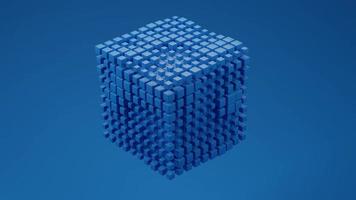 cubo azul com cubos pequenos saindo aleatoriamente de forma paramétrica, fundo gradiente com azul. animação 3D, vídeo 4k video