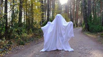 A child in sheets with cutout for eyes like a ghost costume dancing in an autumn forest scares and terrifies. A kind little funny ghost. Halloween Party, slow motion 4k video