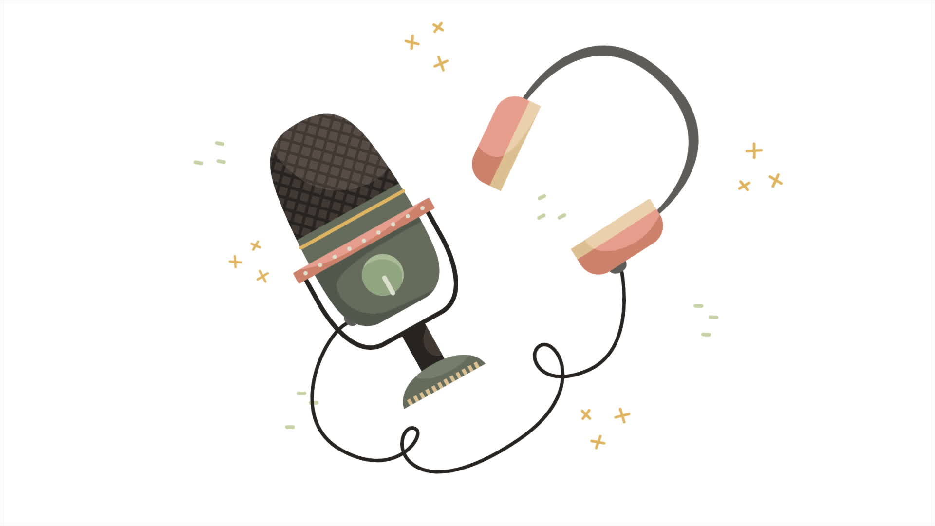 Animation of microphone and headphones for podcast. Audio blog