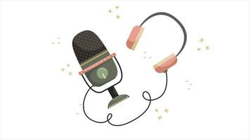 animação de microfone e fones de ouvido para podcast. blog de áudio. video