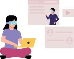 Girl using laptop with VR glasses. vector