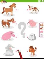 match cartoon farm animals and their babies educational activity vector