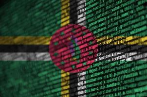 La bandera de dominica se representa en la pantalla con el código del programa. el concepto de tecnología moderna y desarrollo de sitios foto