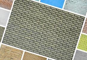 A collage of many pictures with fragments of brick walls of different colors close-up. Set of images with varieties of brickwork photo