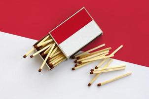 Indonesia flag  is shown on an open matchbox, from which several matches fall and lies on a large flag photo