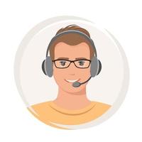 Man with headphones and microphone. Customer service, support, call center. Vector illustration