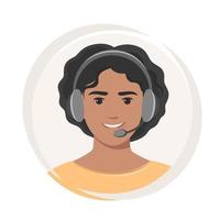 Customer support, call center. Woman with dark skin and hair with headphones and microphone. Vector illustration