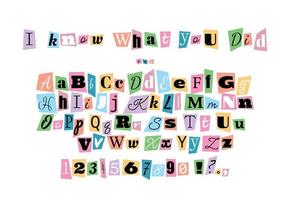 Alphabet in the style of anonymous messages. Letters cut out of a newspaper or magazine on a white sheet of paper. vector