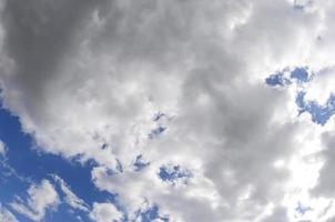 A blue sky with lots of white clouds of different sizes. Fisheye photo