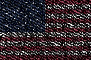 United States of America flag  is depicted on the screen with the program code. The concept of modern technology and site development photo