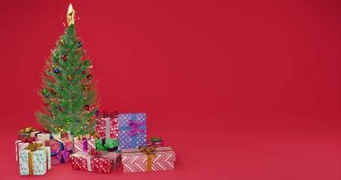 Christmas tree decorations and present boxes at red background. Amazing fairy light garland radiating Christmas spirits and mood. video
