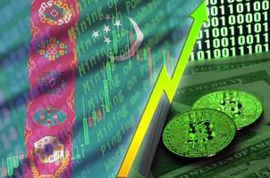 Turkmenistan flag and cryptocurrency growing trend with two bitcoins on dollar bills and binary code display photo