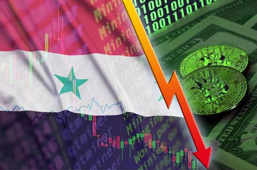 bandera siria y tendencia de caída de criptomonedas con dos bitcoins en billetes de dólar y visualización de código binario foto