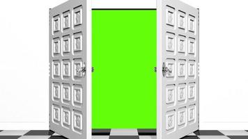 White doors with square decoration open in room with white walls and black and white checkered floor against chroma key background. 3D Animation video