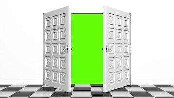 White doors with square decoration open in room with white walls and reflective black and white checkered floor and camera enters the room against chroma key background. 3D Animation video