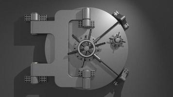 Solid metal bank vault door seen from the front, the safety mechanism starts to turn and the door opens against chroma key background. 3D Animation video