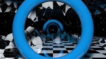 Camera travels through blue rings in a black and white checkered textured mountain cavern with blue and white particles floating against black background. Loop sequence. 3D Animation video