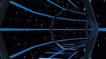 Schwarzer Tunnel mit einer zehneckigen Struktur mit blauen Lichtlinien auf der gesamten Strecke und blauen und weißen Lichtern an den schwarzen Wänden des Tunnels, die Strecke endet mit einem Chroma-Key-Hintergrund
