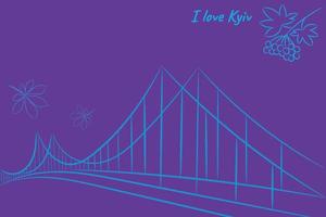 Blue contour drawing of a bridge on a purple background, flat vector, chestnut leaves, viburnum branch vector