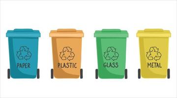 Containers or recycle bins for paper, plastic, glass and metal trash. Concept of separate garbage collection. Dumpsters of different colors isolated on white background. Flat vector illustration