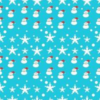 Christmas seamless pattern with snowman, snow and snowflakes on blue background. vector