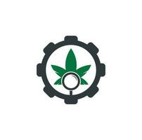 Cannabis Search gear shape logo design vector template. Marijuana leaf and loupe logo combination. Hemp and magnifying symbol or icon