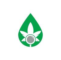 Cannabis Search drop shape logo design vector template. Marijuana leaf and loupe logo combination. Hemp and magnifying symbol or icon.