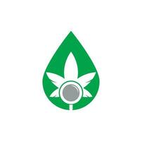 plantilla de vector de diseño de logotipo de forma de gota de búsqueda de cannabis. combinación de logo de hoja de marihuana y lupa. cáñamo y símbolo o icono de lupa.