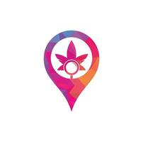 Cannabis Search map pin shape logo design vector template. Marijuana leaf and loupe logo combination. Hemp and magnifying symbol or icon.