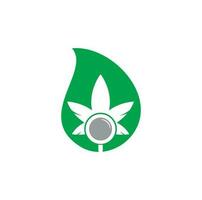 Cannabis Search drop shape logo design vector template. Marijuana leaf and loupe logo combination. Hemp and magnifying symbol or icon.