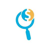 Money Search Logo Icon Template Design. coin and loupe logo combination. Money and magnifying symbol or icon. vector