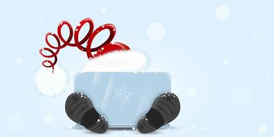 Little cute Santa Claus behind laptop. Sale, Christmas, Winter and technology concept vector