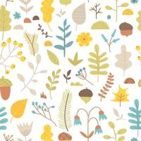 Vector seamless pattern of hand drawn leaves, flowers, twigs, branches, berries and acorns. Trendy floral texture from doodles, forest plants. Abstract background from cute botanical elements