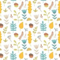 Vector seamless pattern of hand drawn leaves, branches, acorns, twig and berries. Abstract background from botanical elements, cartoon forest plants. Texture from doodles, autumn illustration, seasons
