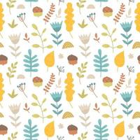 Vector seamless pattern of hand drawn leaves, branches, acorns, twig and berries. Abstract background from botanical elements, cartoon forest plants. Texture from doodles, autumn illustration, seasons