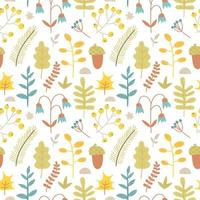 Seamless pattern of botanical elements. Abstract background of berries, leaves, acorns, branches and flowers. Trendy texture from doodle forest plants. Autumn elements collection, season illustration vector