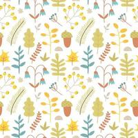 Seamless pattern of botanical elements. Abstract background of berries, leaves, acorns, branches and flowers. Trendy texture from doodle forest plants. Autumn elements collection, season illustration vector