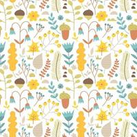 Seamless pattern of cute hand drawn plants. Abstract background of botanical elements. Trendy texture from doodle leaves, acorns, berries, flowers and branches. Collection of forest elements, seasons vector