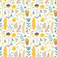 Seamless pattern of cute hand drawn plants. Abstract background of botanical elements. Trendy texture from doodle leaves, acorns, berries, flowers and branches. Collection of forest elements, seasons vector