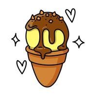 ice cream with caramel in a waffle glass. Balls ice cream in waffle cup. vector